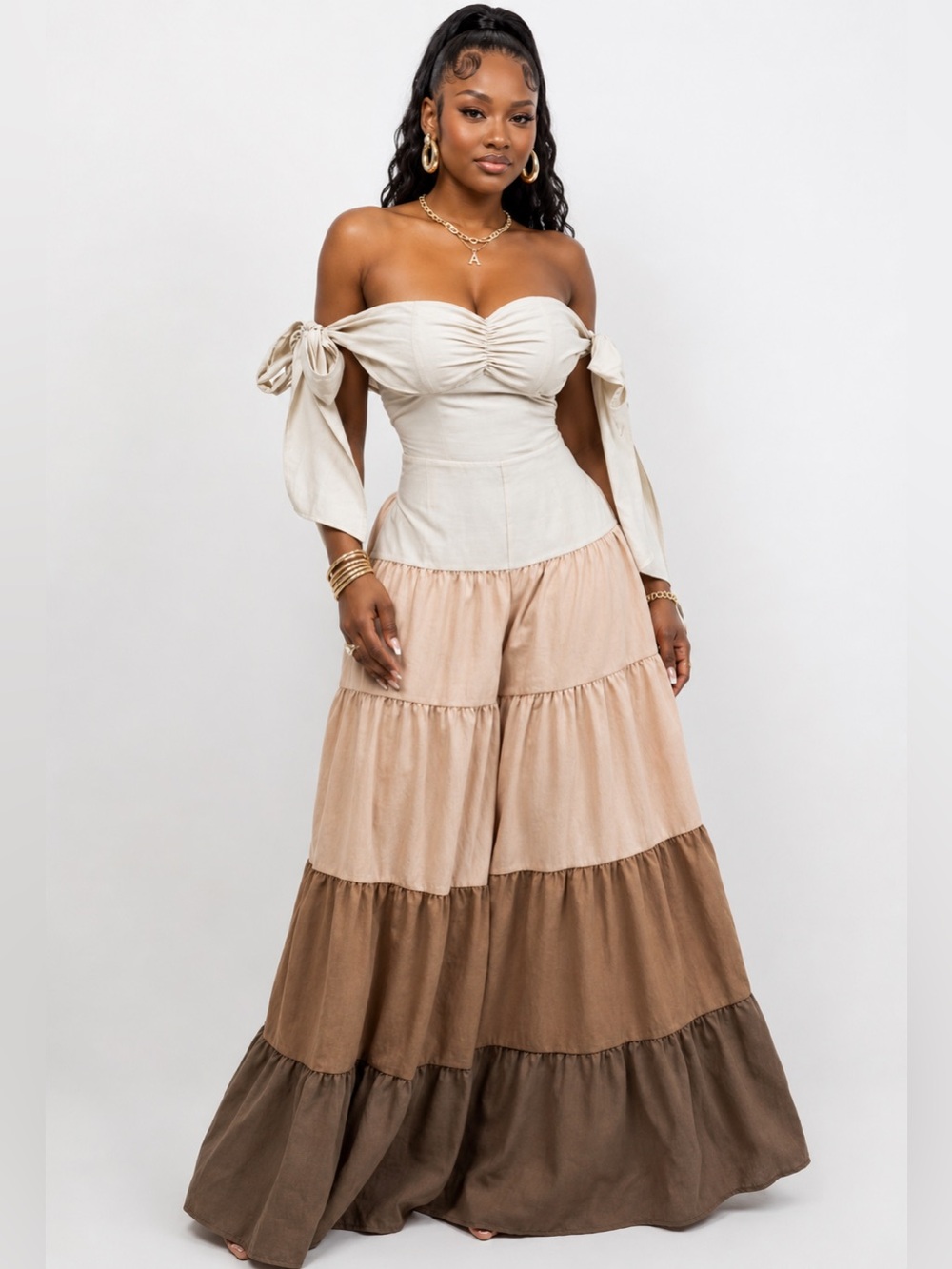 Off-Shoulder Tiered Jumpsuit in Neutral i